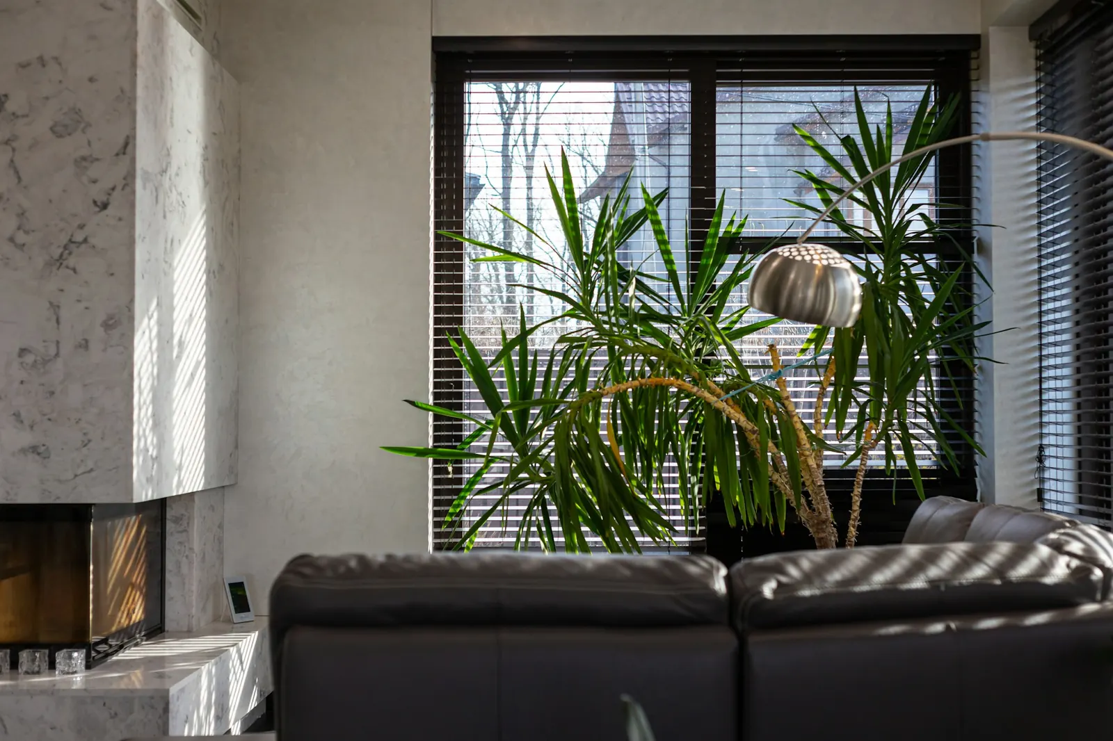 Sunlit living room with a marble fireplace and a wall thermostat