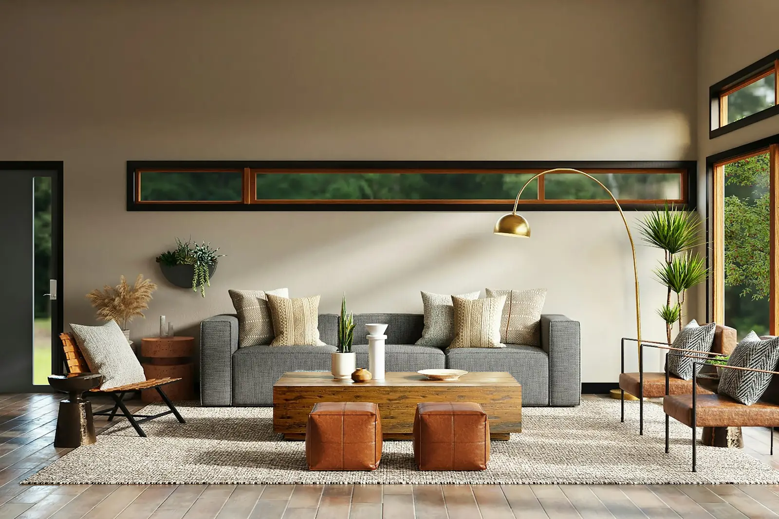Sala con sofá gris y ventanas altas