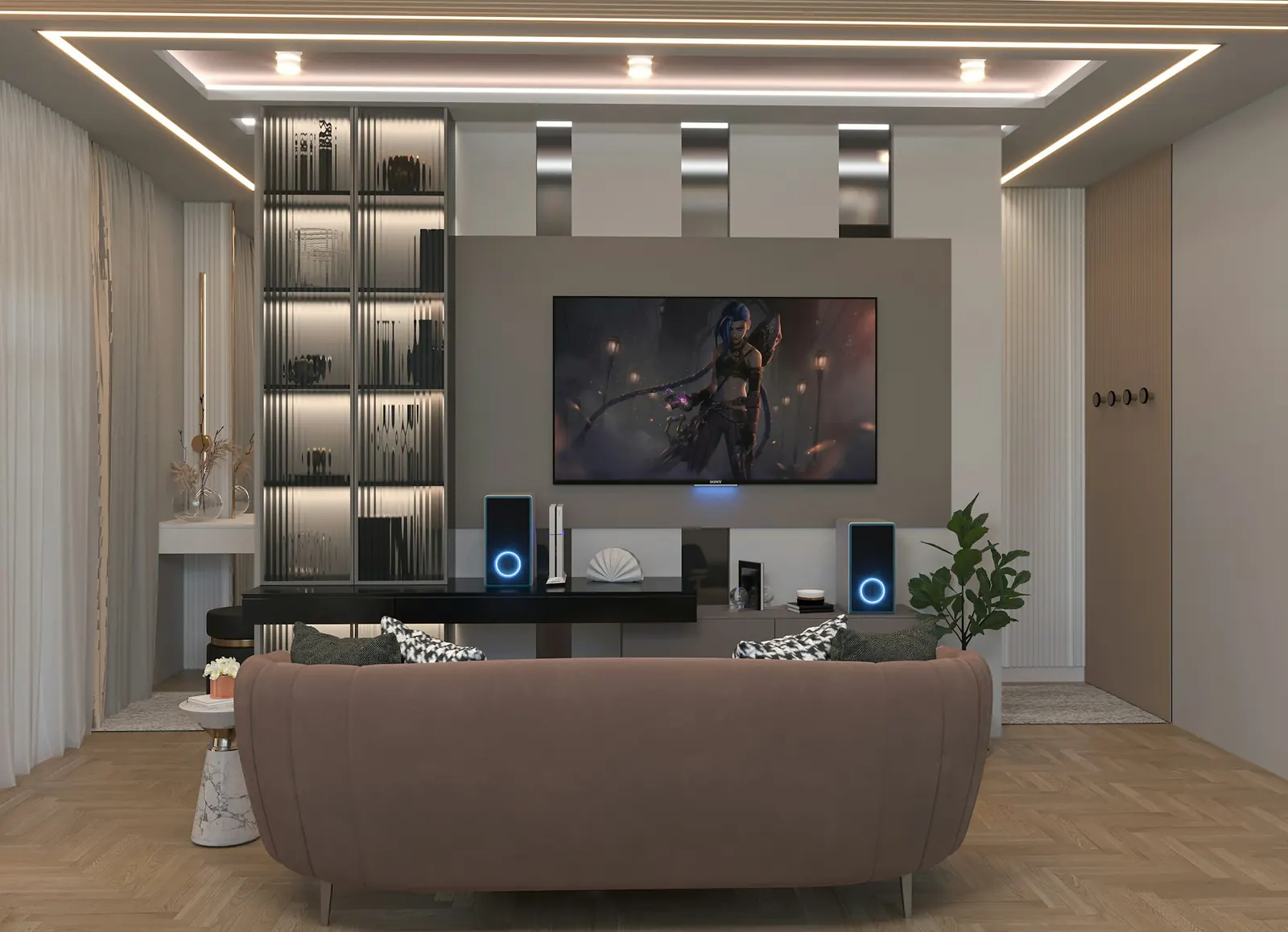 Sala moderna con televisión en la pared y repisas iluminadas