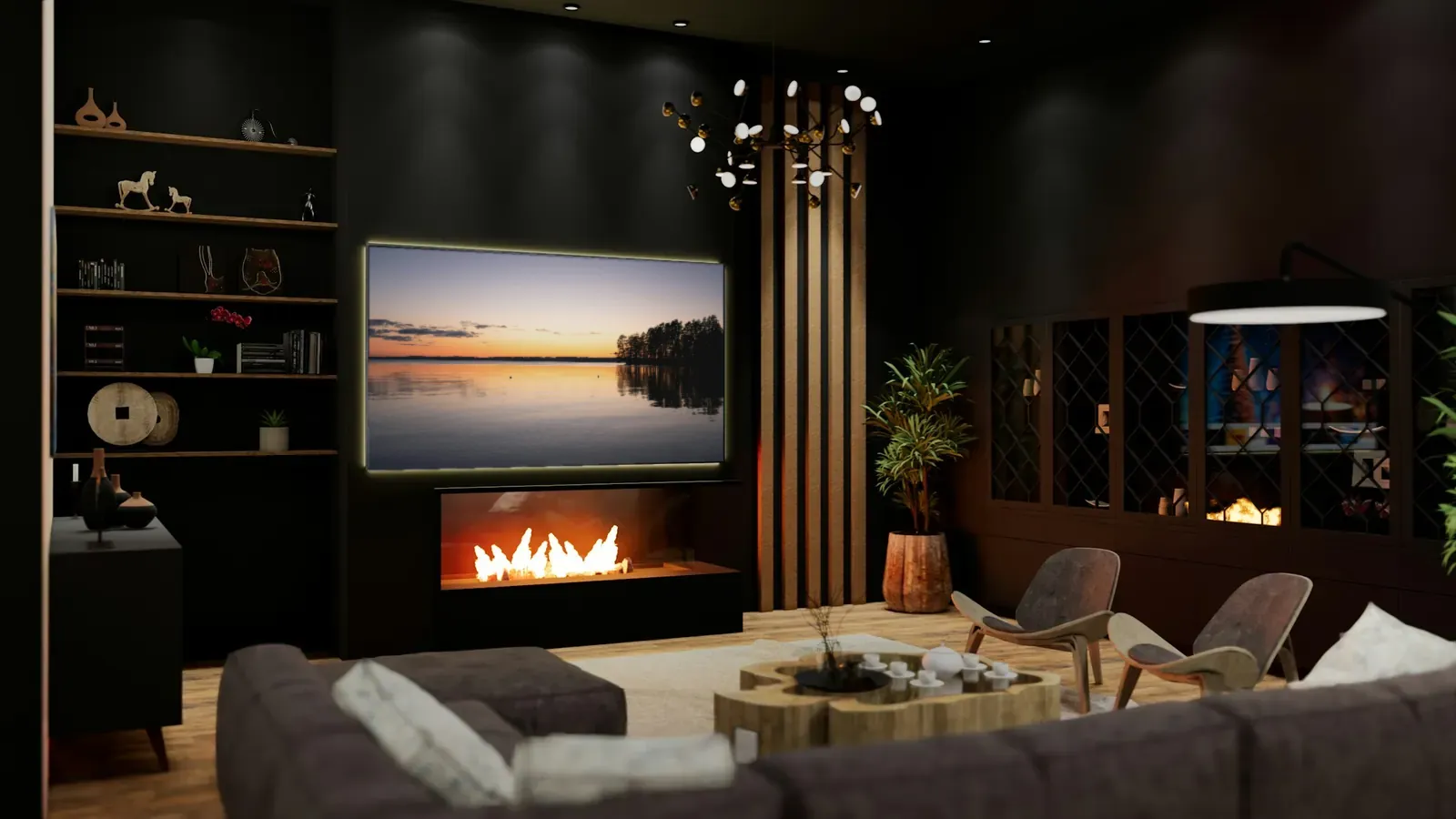 Dark living room at night with a large wall TV above a linear fireplace