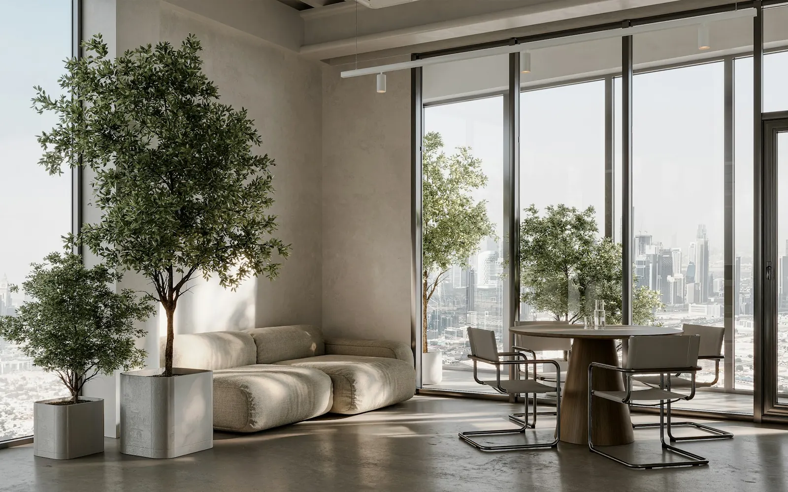 Bright open living space with trees and a city view