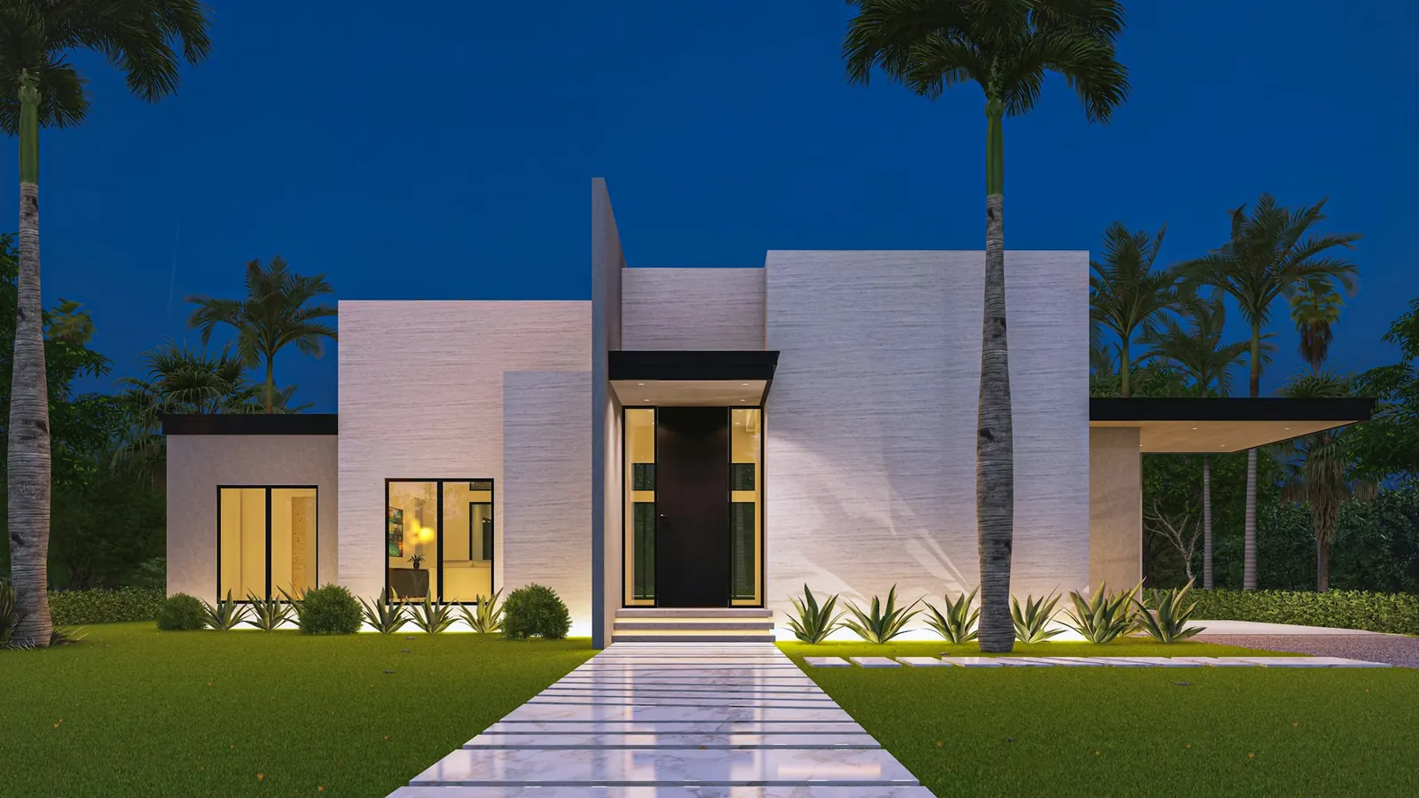 Modern home entry lit at night