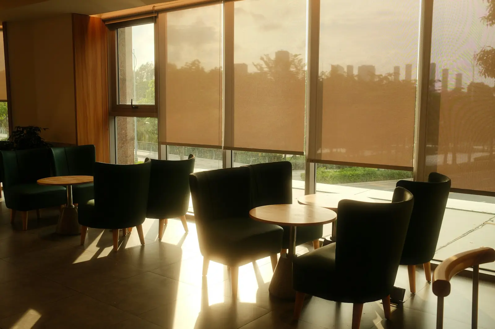 Lounge with roller shades on tall windows