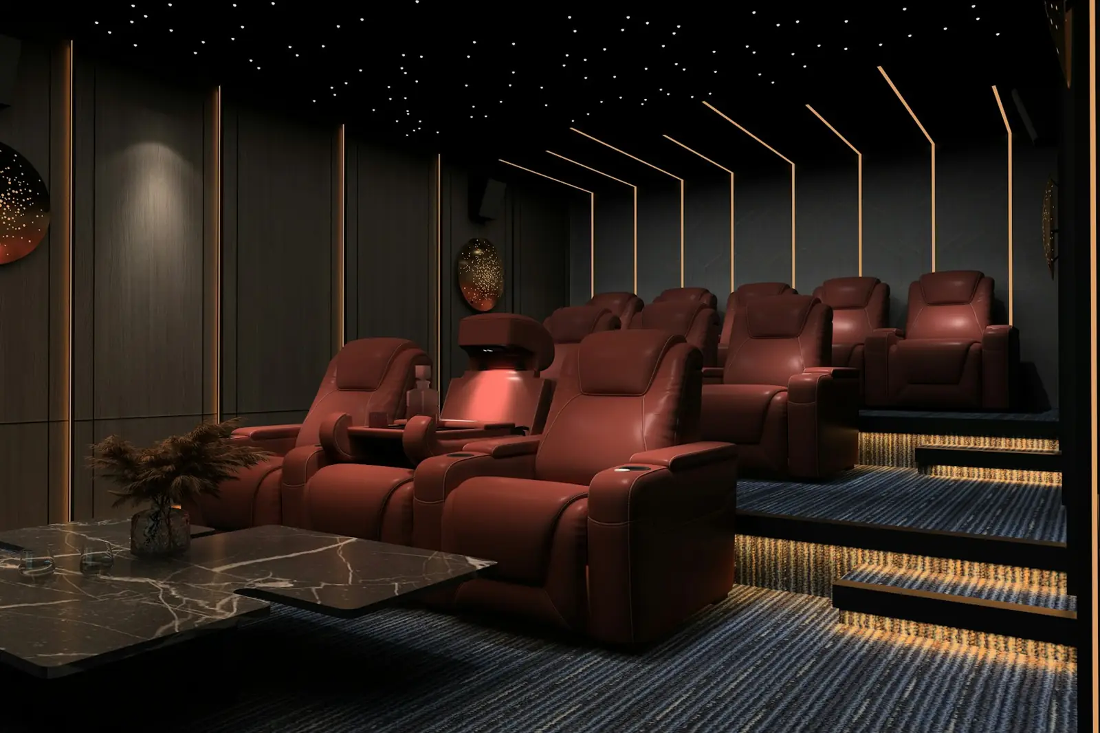 Home theater with red recliners, tiered seating and a starry ceiling